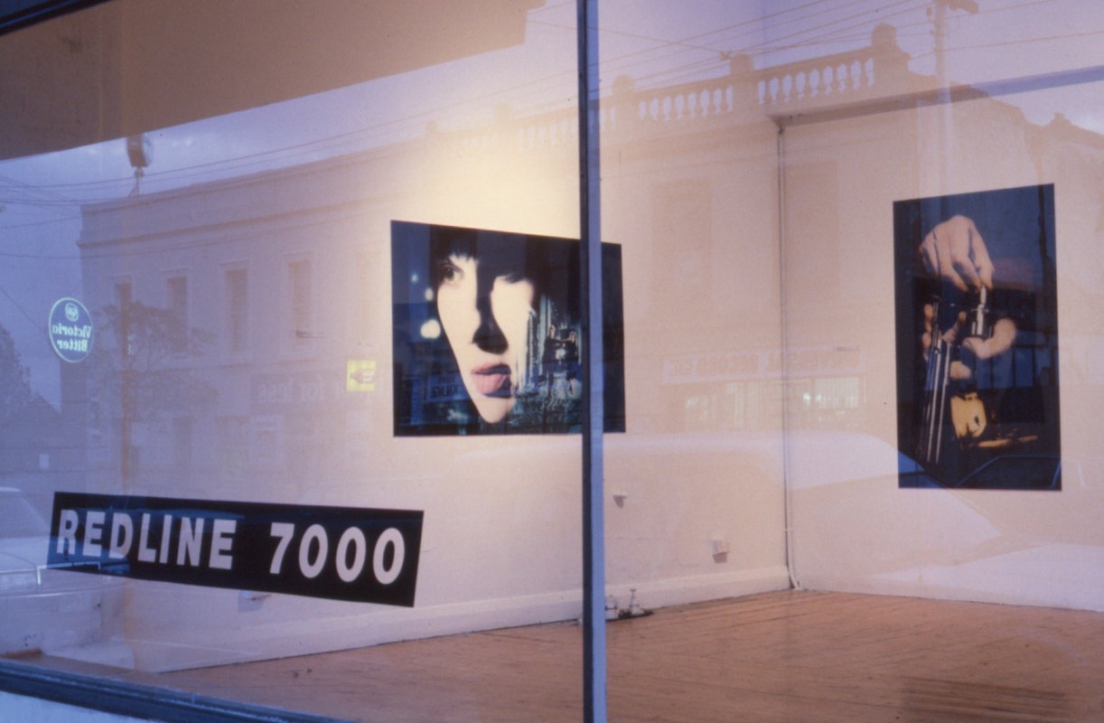 Exterior view, Robyn Stacey, Redline 7000, 200 Gertrude Street, Naarm Melbourne, courtesy and © the artist, 1990. Documentation digitised from slide (2024), courtesy of the Gertrude Archive.