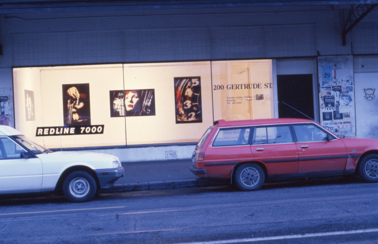 Exterior view, Robyn Stacey, Redline 7000, 200 Gertrude Street, Naarm Melbourne, courtesy and © the artist, 1990. Documentation digitised from slide (2024), courtesy of the Gertrude Archive.