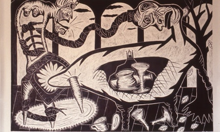 Angela Cavalieri, The Table and the Chair, 1986, lino cut print, 330x225cm, courtesy and (c) the artist. Photo: Courtesy of Gertrude Archives.