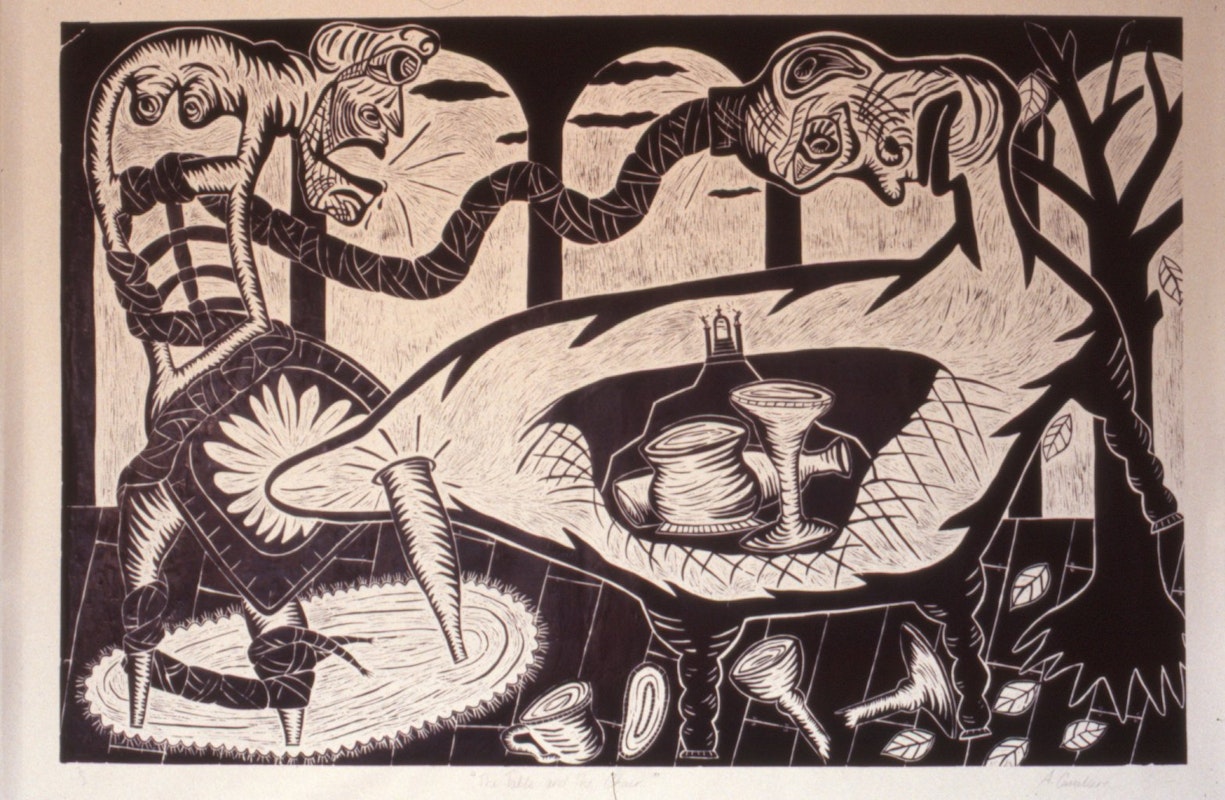 Angela Cavalieri, The Table and the Chair, 1986, lino cut print, 330x225cm, courtesy and (c) the artist. Photo: Courtesy of Gertrude Archives.