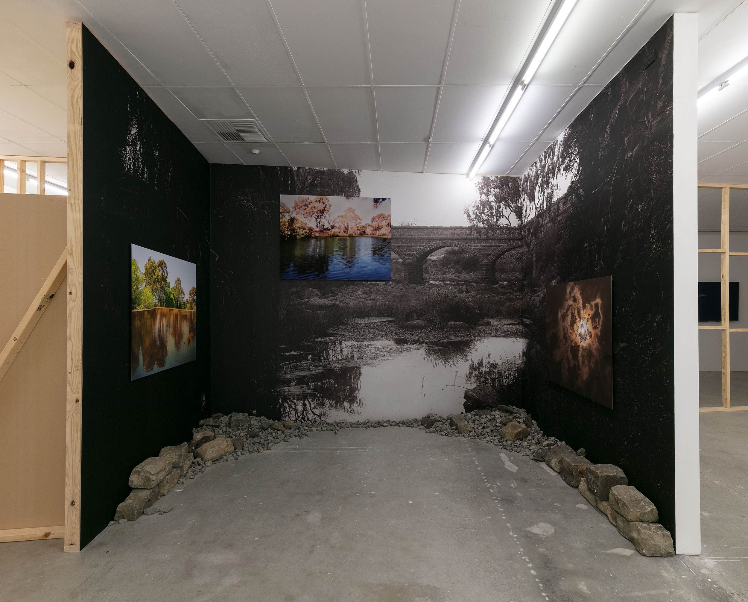 Peta Clancy, here merri merri lies 8; here merri merri lies 1; here merri merri lies 5, installation view, 1964, 1969, 1977, 1995, 2000, 2005, 2025, Gertrude Contemporary, Naarm Melbourne, 2025, inkjet print mounted on Dibond, image courtesy and © the artist and Dominik Mersch Gallery, Sydney, photograph: Christian Capurro.