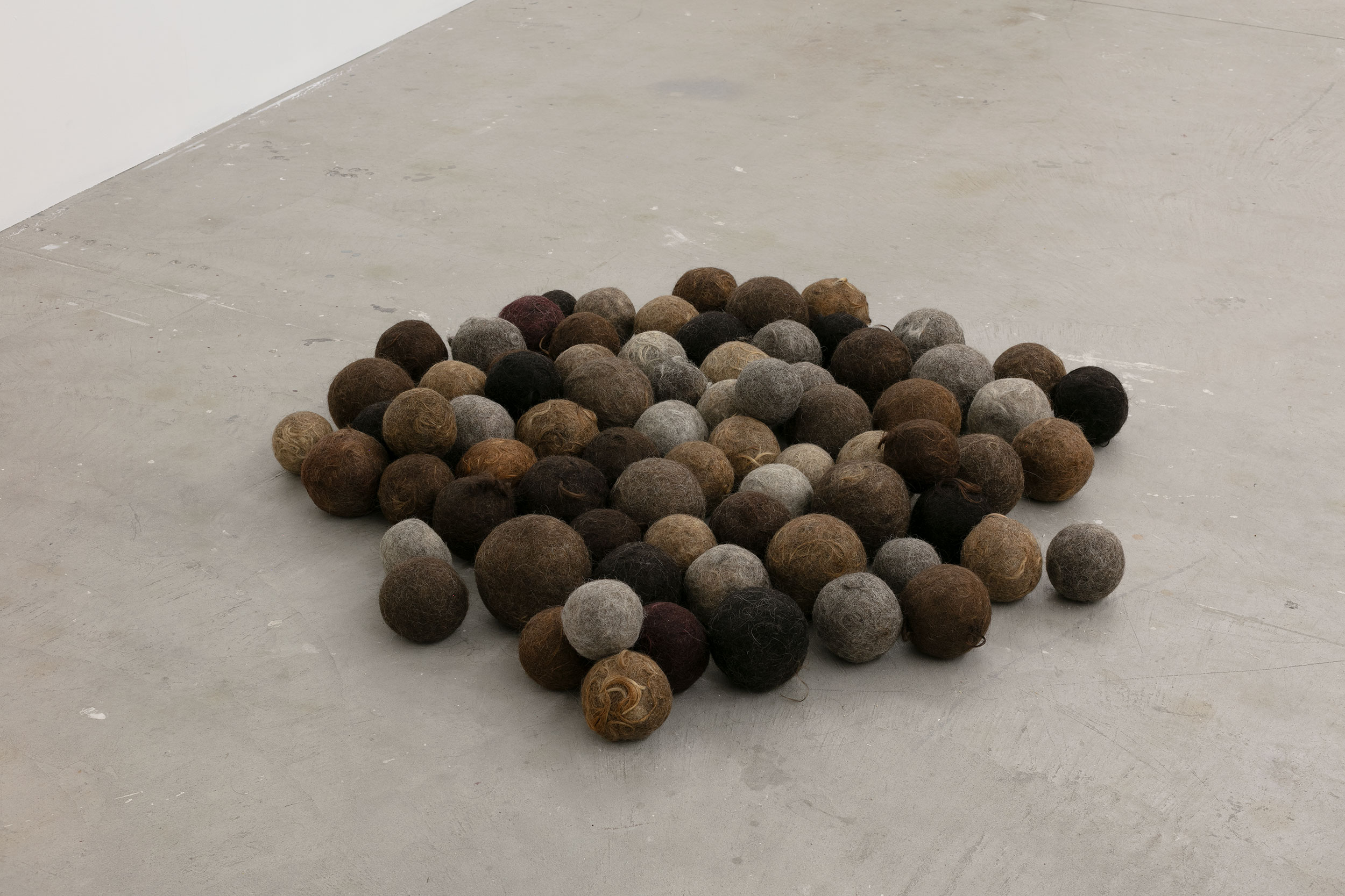 Linda Erceg, Hair Work, 2025, felted human hair, installation view, 1964, 1969, 1977, 1995, 2000, 2005, 2025, Gertrude Contemporary, Naarm Melbourne, 2025, image courtesy and © the artist, photograph: Christian Capurro.