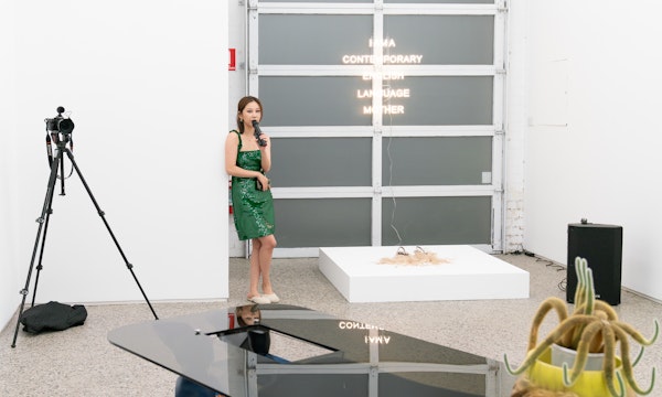 Chunxiao Qu, 'Stand-Up For Art, A Tribute to Failure, Language and Other Inconveniences', 2025, performance documentation, I am a Contemporary English Language Mother, Gertrude Glasshouse, Naarm Melbourne, 2025, courtesy of the artist and FUTURES, Naarm Melbourne © the artist. Photography: Machiko Abe.