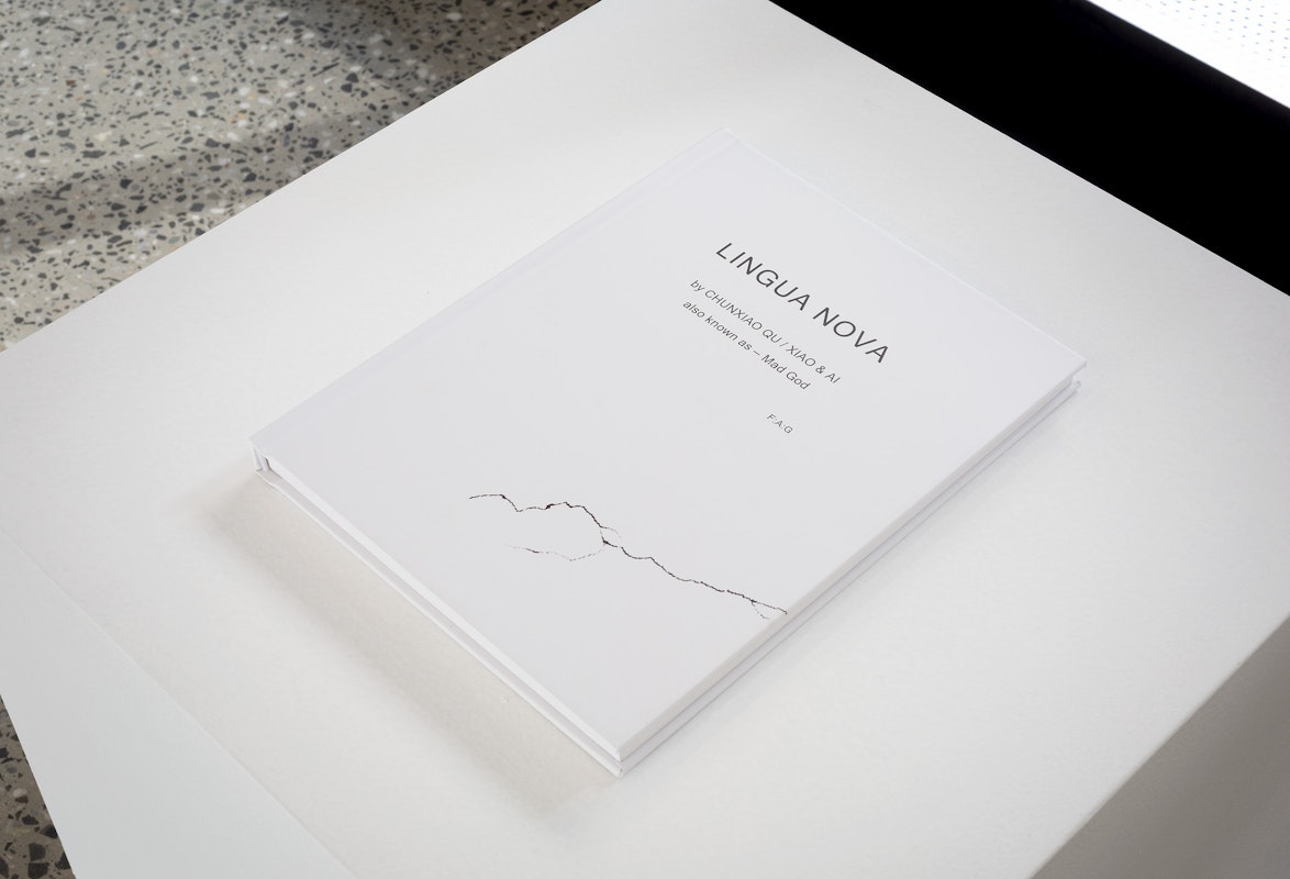 Chunxiao Qu, Lingua Nova, digital print on paper, hardcover book, case bound, 29 x 22.3 x 2 cm, courtesy of the artist and FUTURES, Naarm Melbourne, installation view, Gertrude Glasshouse, Naarm Melbourne, 2025, photography: Christian Capurro