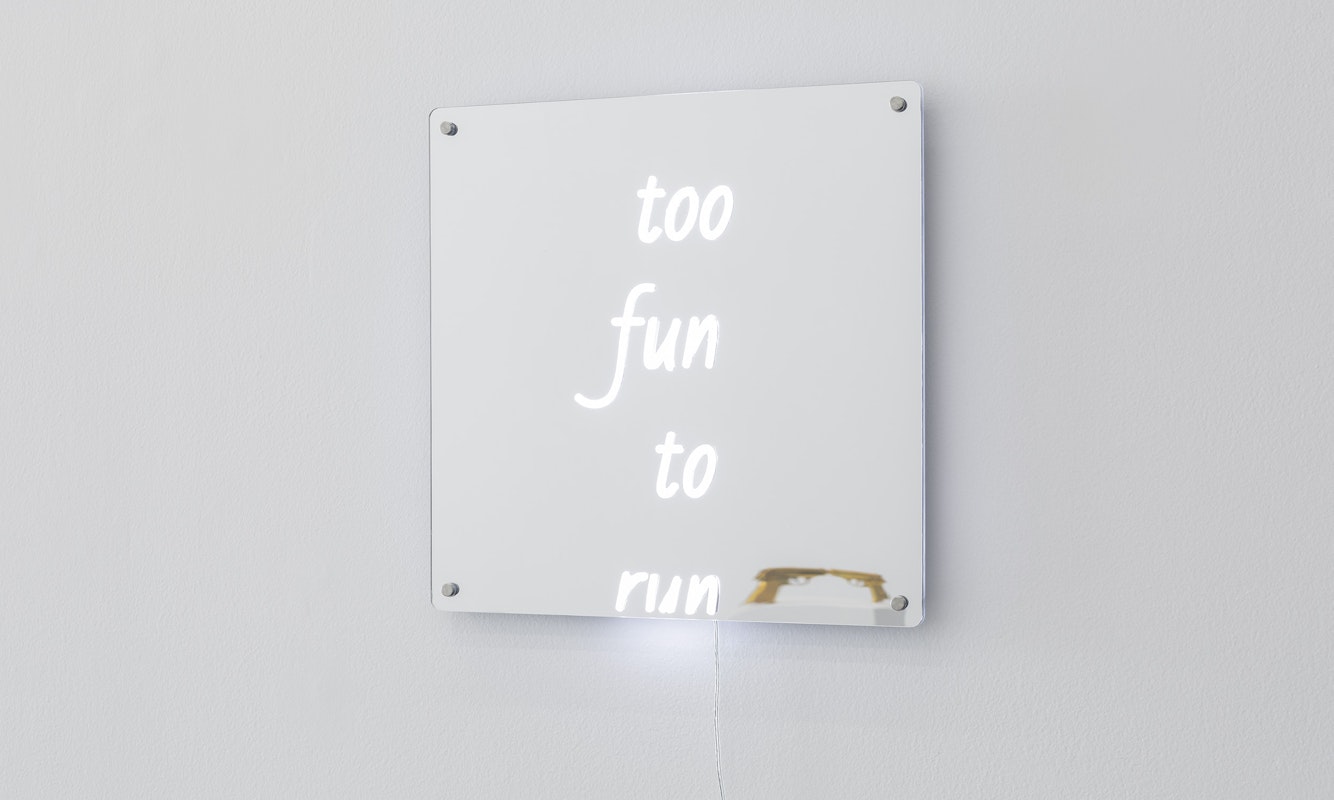 Chunxiao Qu, too fun to run, LED neon with transparent acrylic frames, 45 x 45 cm, courtesy of the artist and FUTURES, Naarm Melbourne, installation view, Gertrude Glasshouse, Naarm Melbourne, 2025, photography: Christian Capurro