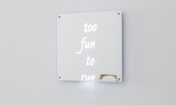 Chunxiao Qu, too fun to run, LED neon with transparent acrylic frames, 45 x 45 cm, courtesy of the artist and FUTURES, Naarm Melbourne, installation view, Gertrude Glasshouse, Naarm Melbourne, 2025, photography: Christian Capurro