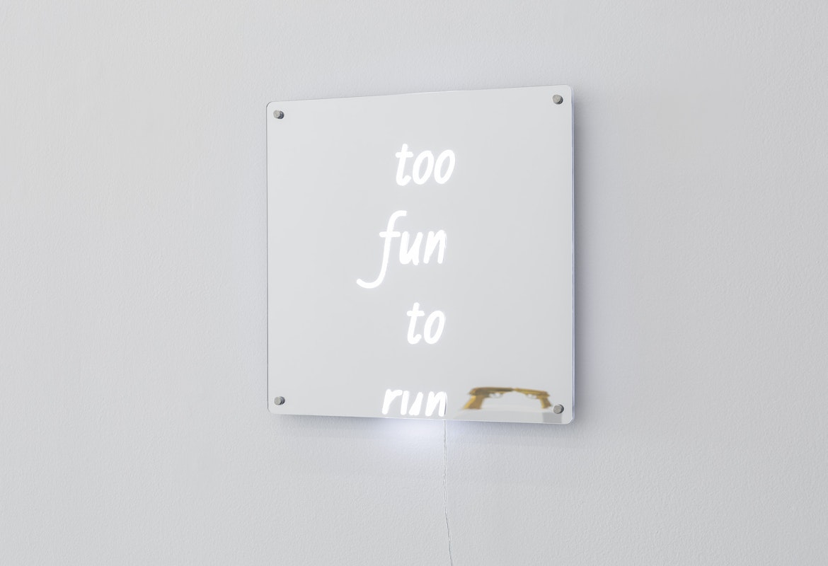 Chunxiao Qu, too fun to run, LED neon with transparent acrylic frames, 45 x 45 cm, courtesy of the artist and FUTURES, Naarm Melbourne, installation view, Gertrude Glasshouse, Naarm Melbourne, 2025, photography: Christian Capurro