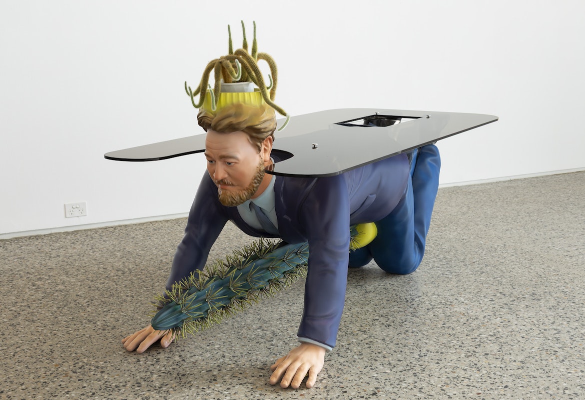 Chunxiao Qu, Boyfriend Table, ABS polymer, steel, acrylic paint, plexiglass, glass, 215 x 86 x 84 cm, courtesy of the artist and FUTURES, Naarm Melbourne, installation view, Gertrude Glasshouse, Naarm Melbourne, 2025, photography: Christian Capurro