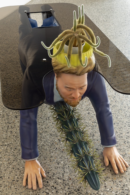 Chunxiao Qu, Boyfriend Table (detail), ABS polymer, steel, acrylic paint, plexiglass, glass, 215 x 86 x 84 cm, courtesy of the artist and FUTURES, Naarm Melbourne, installation view, Gertrude Glasshouse, Naarm Melbourne, 2025, photography: Christian Capurro