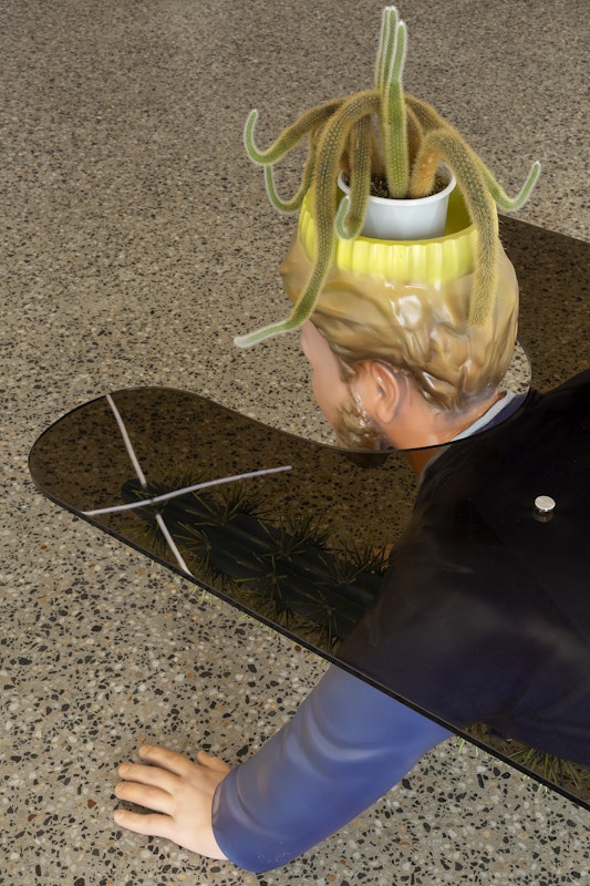 Chunxiao Qu, Boyfriend Table (detail), ABS polymer, steel, acrylic paint, plexiglass, glass, 215 x 86 x 84 cm, courtesy of the artist and FUTURES, Naarm Melbourne, installation view, Gertrude Glasshouse, Naarm Melbourne, 2025, photography: Christian Capurro