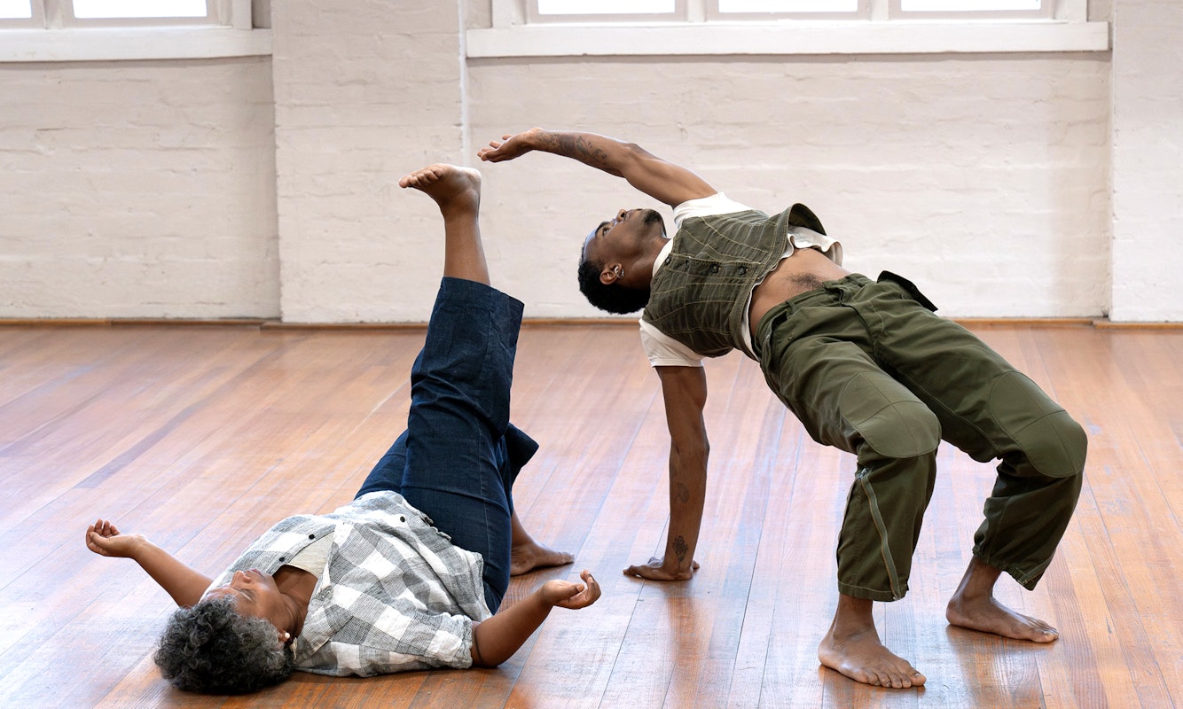 Arini Byng, How to Just Be, 2025, performance documentation, Performance Review presents Performing Care, 2025. Performers: Jacob Coppedge, Peta Duncan, and Amaara Raheem. Photo: Machiko Abe. Courtesy of the artist and Performance Review.