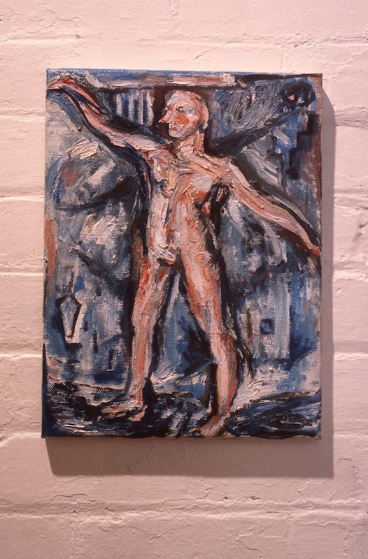 Merrin Eirth, Human Flight, 1985-86, oil on linen, 30x40cm. Photo Courtesy of Gertrude Archive.