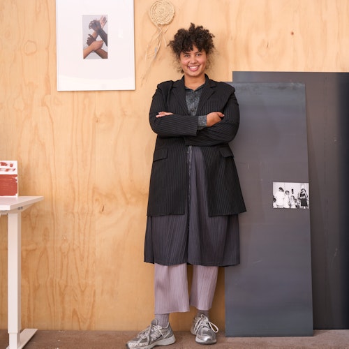 Studio portrait of Arini Byng onsite at Gertrude Contemporary, 2024, photography: Machiko Abe