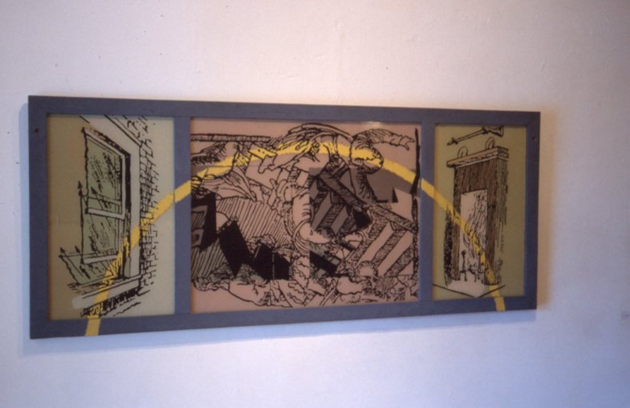 Shaun Kirby, Empire Circuit, Enamel and Synthetic Polymer Paint on Glass and Wood, 93 x 230cm, 1986. Copyright and Courtesy the artist