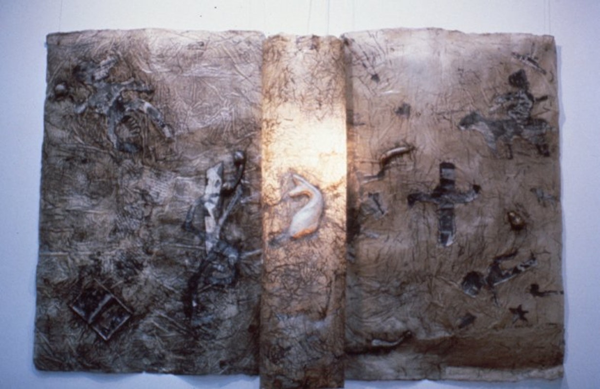 Michele Luke, Breakfast in Bed, 1989, Constructed tissue paper, synthetic polymer glue, collaged prints and electric light globe, in three parts, 175 x 120, 50 x 50, 174 x 120cm. Courtesy and copyright the artist