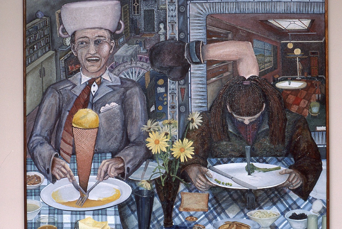 Gregory Pryor, Dinnertime Punches, 1985, oil on canvas, 83.5x101cm, Collection of Australian Paper Manufacturers, Melbourne. Image provided courtesy of Gertrude Archive.