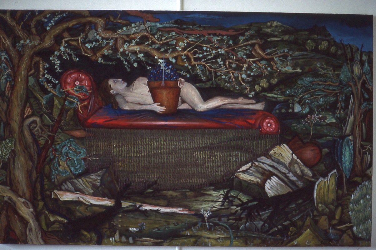 Gregory Pryor, Mites Attempting a Chaise Lounge, 1985-86, oil on canvas, 93.5x152.5. Image provided courtesy of Gertrude Archive.