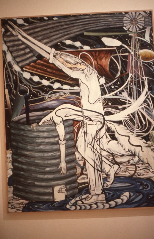 Gregory Pryor, Godliness and Water Tank, 1986, oil on canvas, 168.5x131cm. Image provided courtesy of Gertrude Archive.