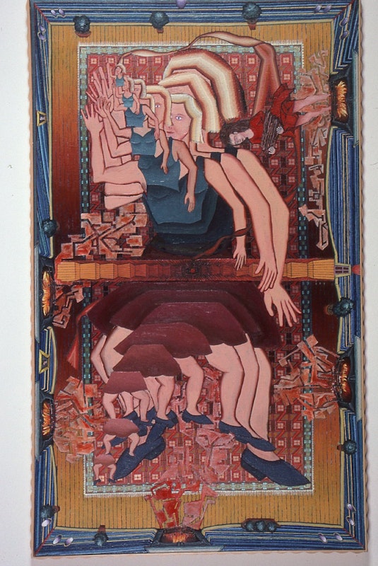 Gregory Pryor, Five Fires, 1984, oil on canvas, 44"x26", private collection, Sydney. Image provided courtesy of Gertrude Archive.