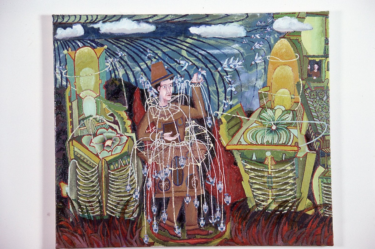 Gregory Pryor, Man Catching Bluebirds, 1985, oil on canvas, 55.5x65.5. Image provided courtesy of Gertrude Archive.