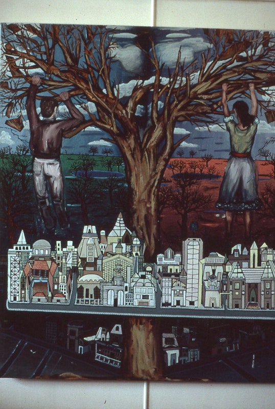 Gregory Pryor, The Model Lift, 1986, oil on canvas, 167.5x136.5cm. Image provided courtesy of Gertrude Archive.