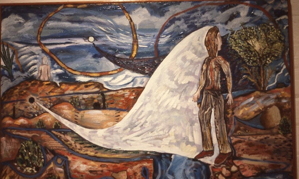 Gregory Pryor, Man Turning into a Dot, 1986, oil on canvas, 60.5x91.5cm. Image provided courtesy of Gertrude Archive.