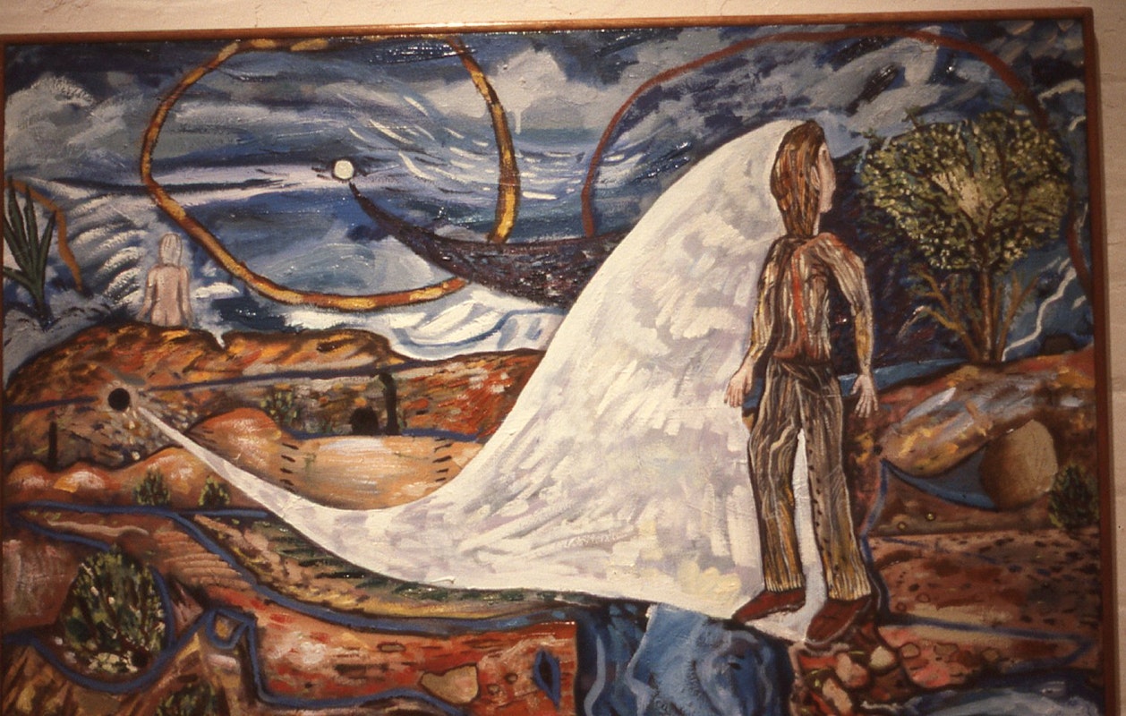 Gregory Pryor, Man Turning into a Dot, 1986, oil on canvas, 60.5x91.5cm. Image provided courtesy of Gertrude Archive.