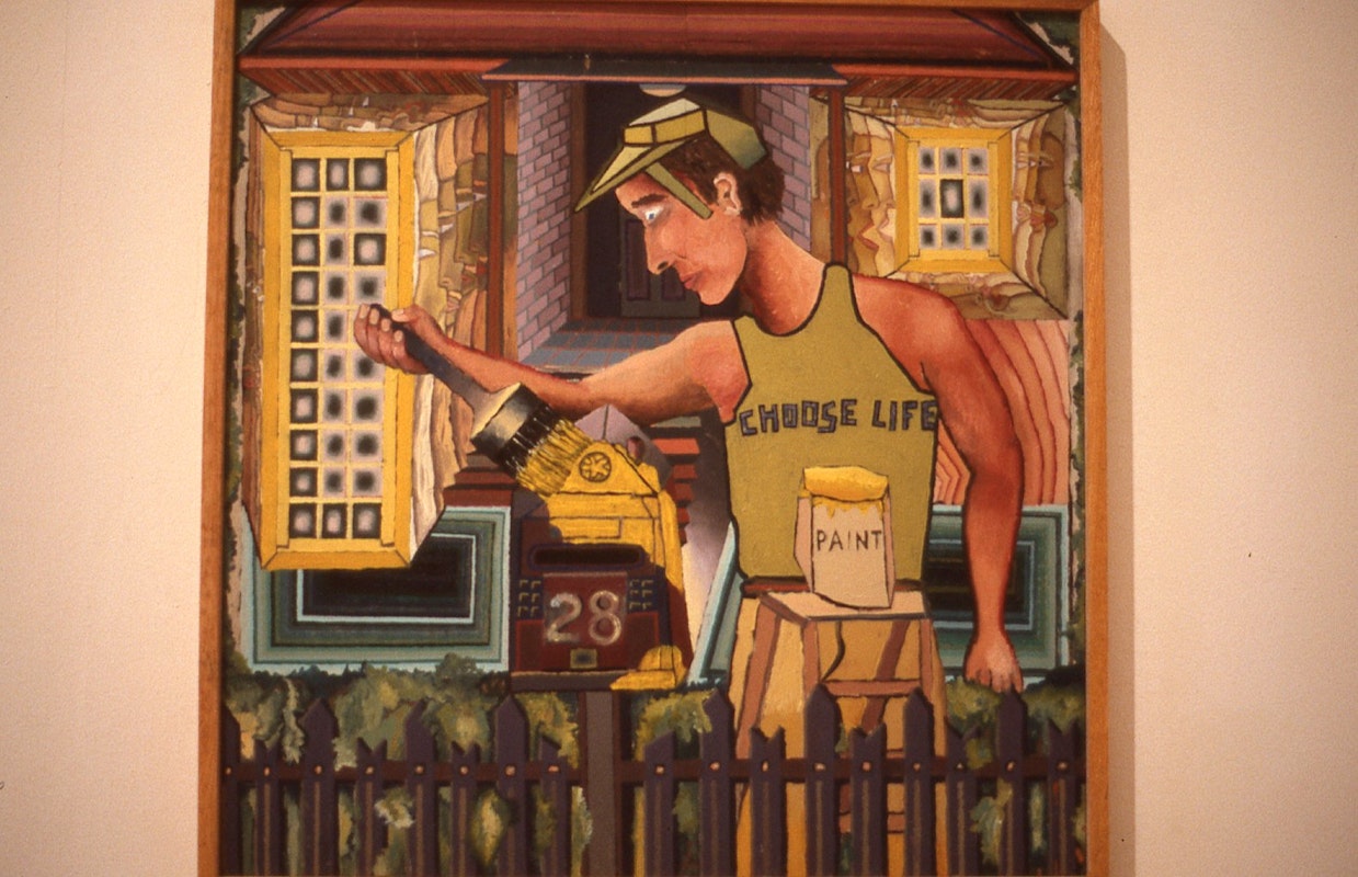 Gregory Pryor, Man Painting His Letterbox, 1984, oil on wood, 52.5x51.5cm. Image provided courtesy of Gertrude Archive.