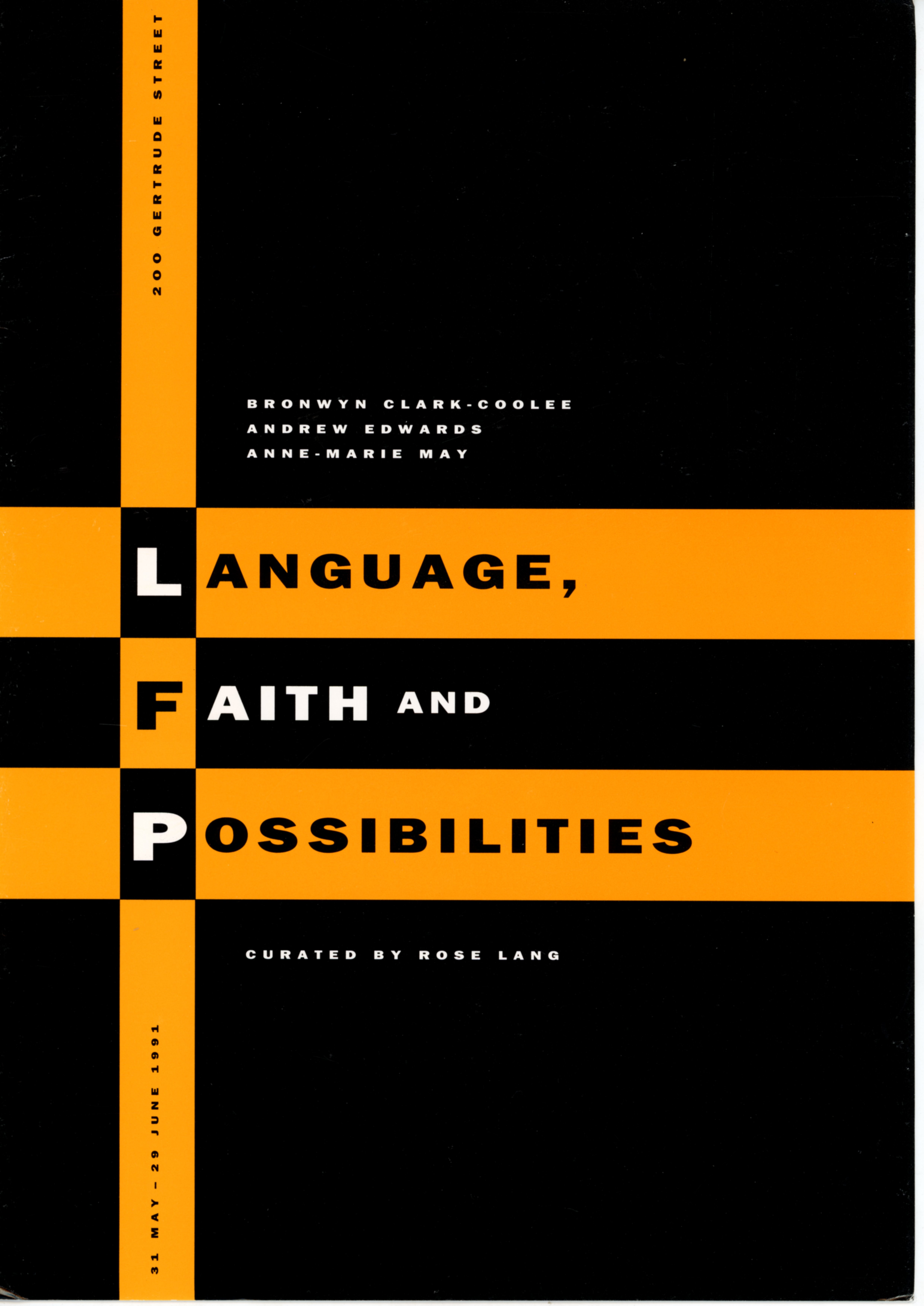 Language, Faith and Possibilities, Exhibition Catalogue cover, 1991. Copyright and Courtesy Gertrude Contemporary Archives