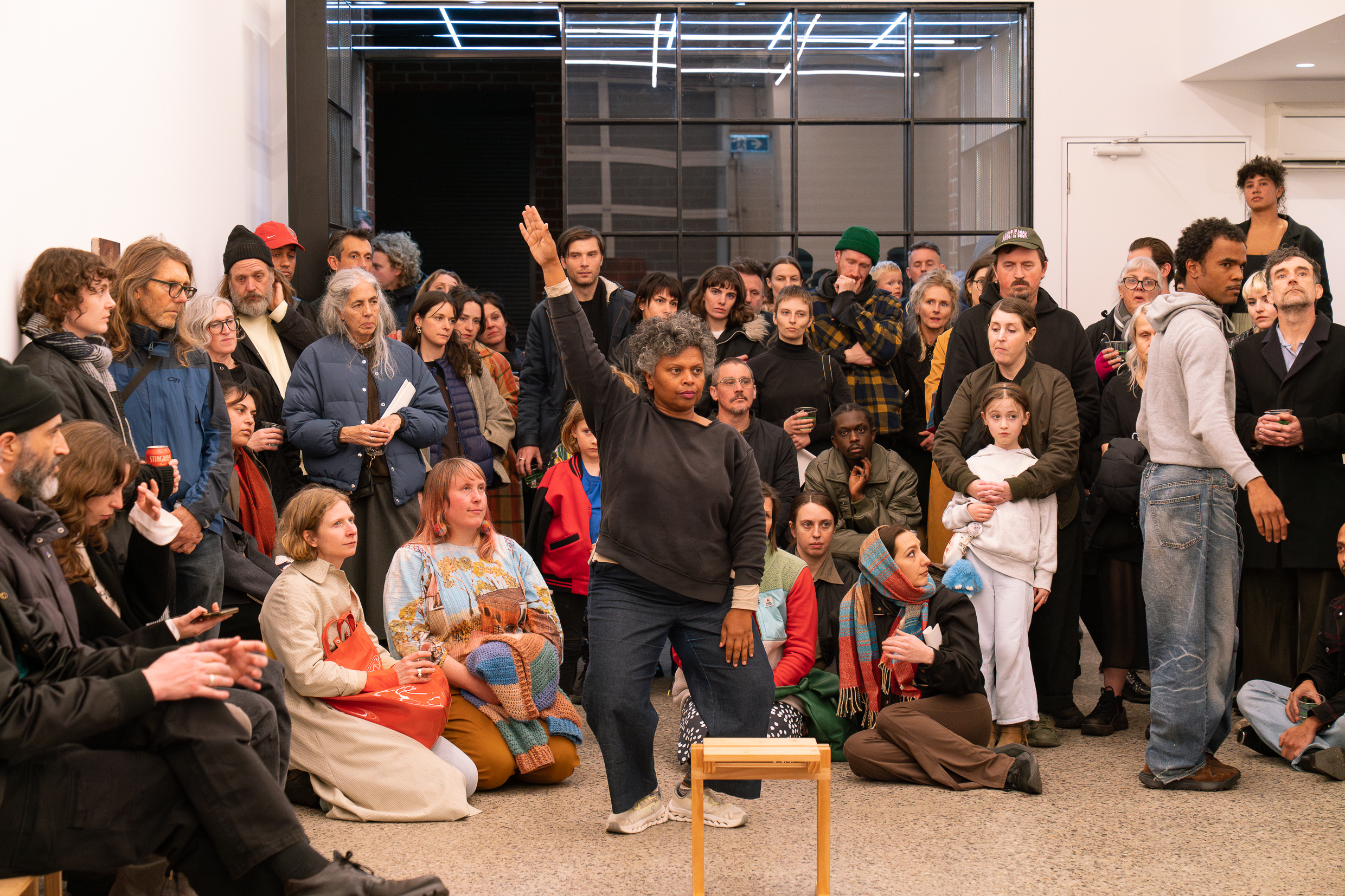 Arini Byng, How to Just Be, 2025, performance documentation, How we breathe, Gertrude Glasshouse, 2025. Performers: Jacob Coppedge, Peta Duncan, and Amaara Raheem. Photo: Machiko Abe. Courtesy of the artist.