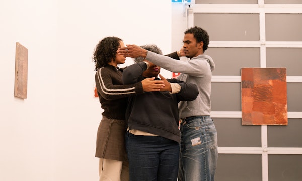 Arini Byng, How to Just Be, 2025, performance documentation, How we breathe, Gertrude Glasshouse, 2025. Performers: Jacob Coppedge, Peta Duncan, and Amaara Raheem. Photo: Machiko Abe. Courtesy of the artist.