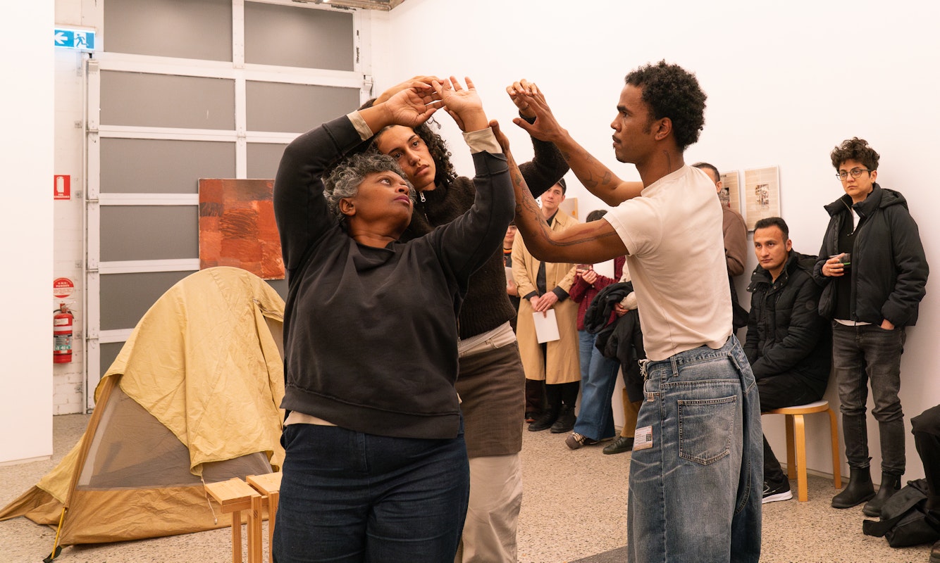 Arini Byng, How to Just Be, 2025, performance documentation, How we breathe, Gertrude Glasshouse, 2025. Performers: Jacob Coppedge, Peta Duncan, and Amaara Raheem. Photo: Machiko Abe. Courtesy of the artist.