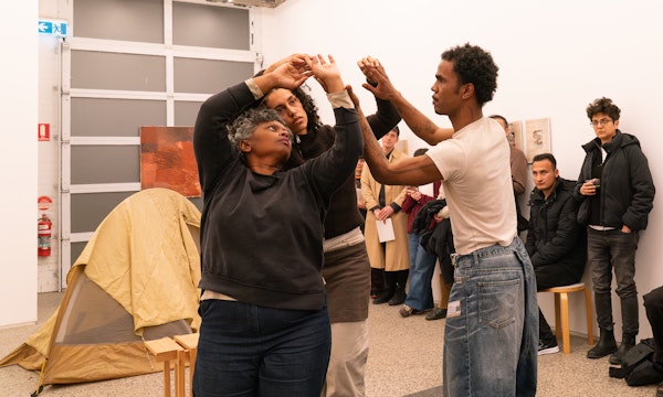 Arini Byng, How to Just Be, 2025, performance documentation, How we breathe, Gertrude Glasshouse, 2025. Performers: Jacob Coppedge, Peta Duncan, and Amaara Raheem. Photo: Machiko Abe. Courtesy of the artist.