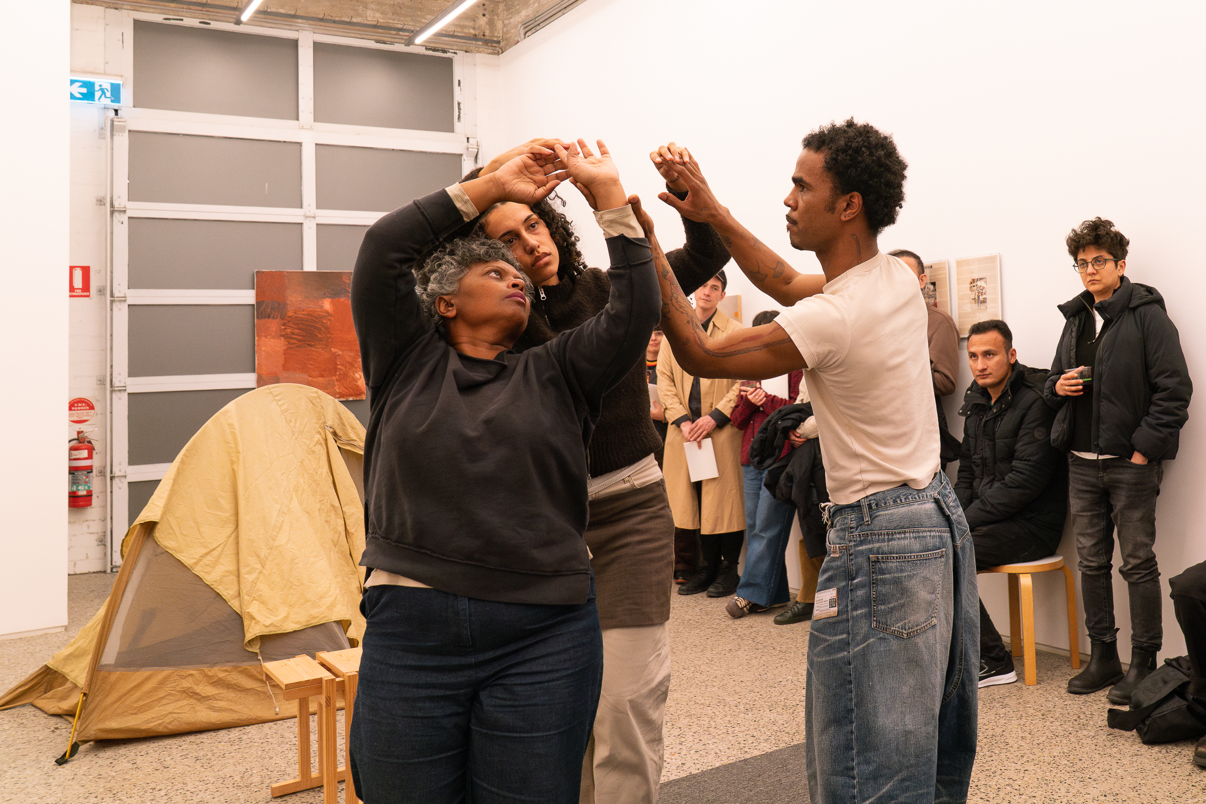 Arini Byng, How to Just Be, 2025, performance documentation, How we breathe, Gertrude Glasshouse, 2025. Performers: Jacob Coppedge, Peta Duncan, and Amaara Raheem. Photo: Machiko Abe. Courtesy of the artist.