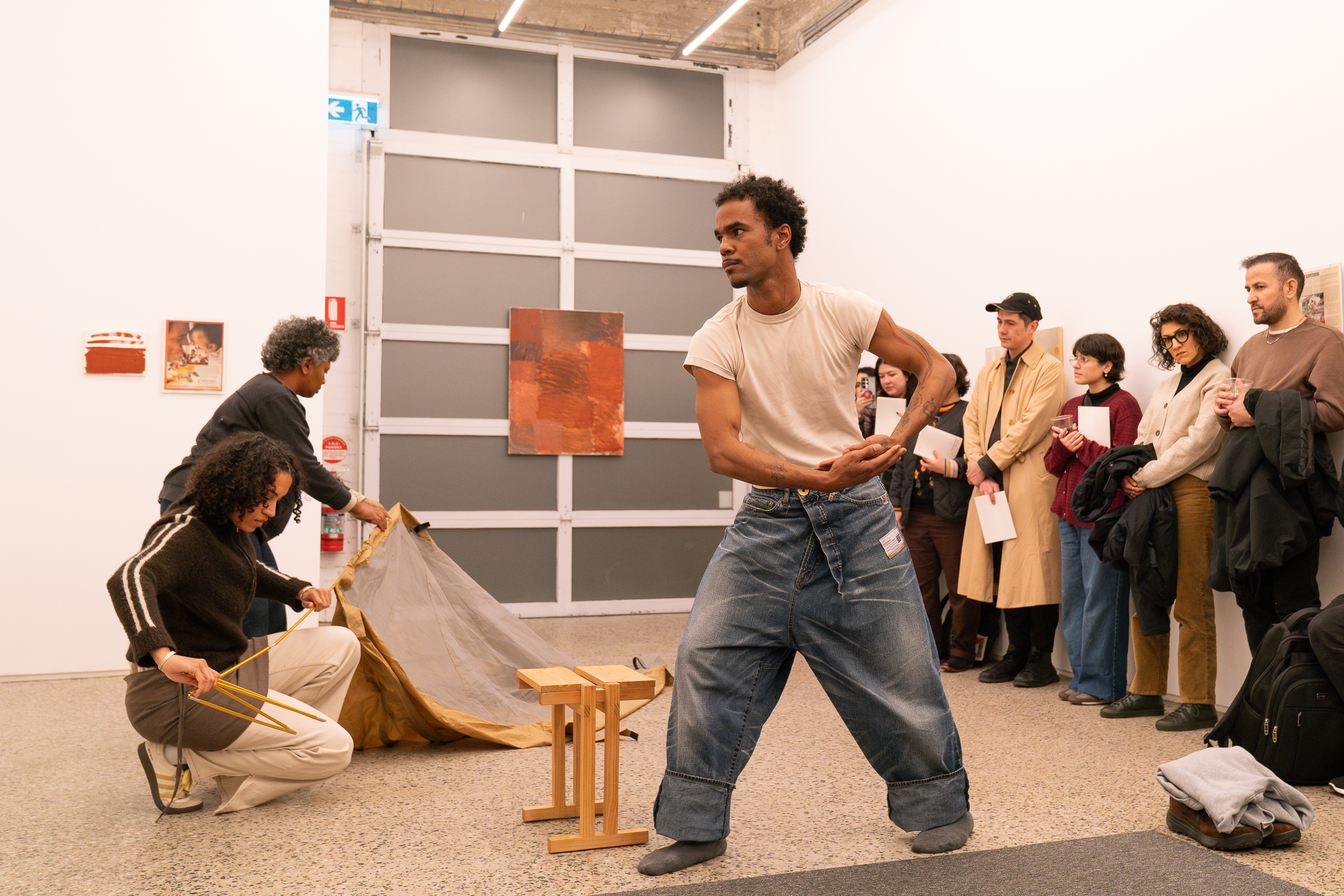 Arini Byng, How to Just Be, 2025, performance documentation, How we breathe, Gertrude Glasshouse, 2025. Performers: Jacob Coppedge, Peta Duncan, and Amaara Raheem. Photo: Machiko Abe. Courtesy of the artist.