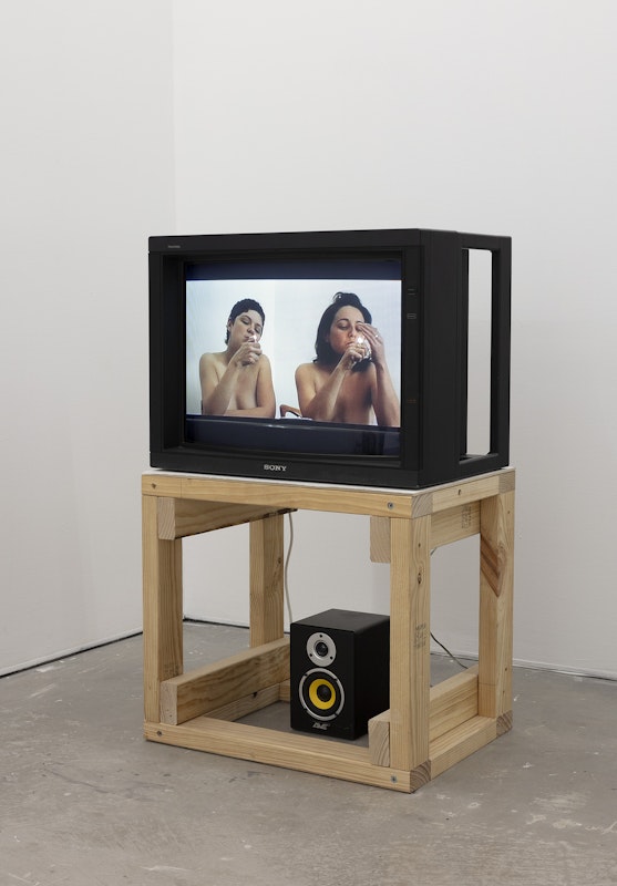 A Constructed World, Where there’s smoke there’s a smoker, 2005, installation view, Of Stadiums and Construction Sites (Ne change rien pour que tout soit différent), Gertrude Contemporary, Naarm Melbourne, 2025, PAL video, image courtesy the artists and Roslyn Oxley9 Gallery, Sydney © the artists, photograph: Christian Capurro