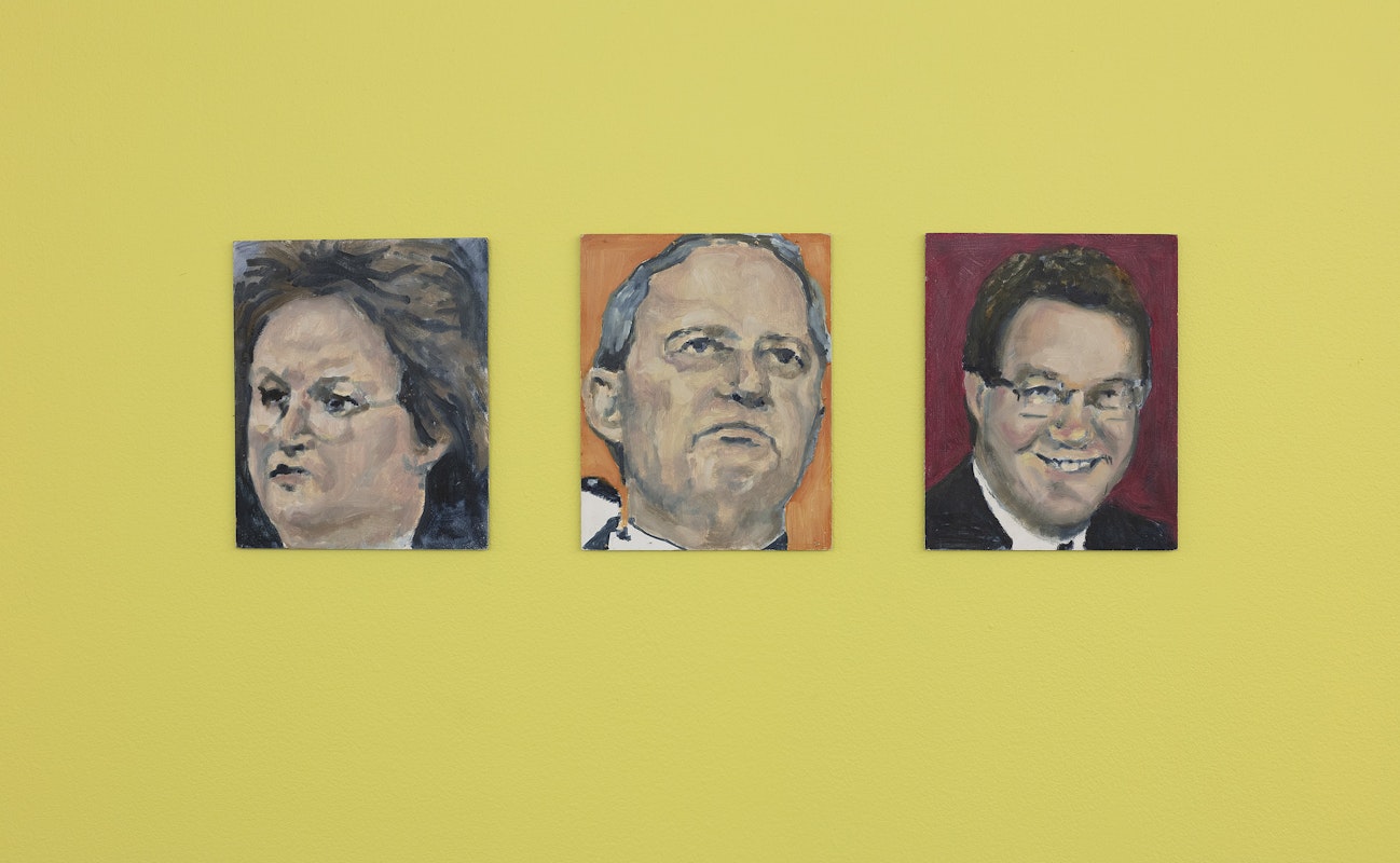 Debra Kunda, Untitled – Amanda; Untitled – Phil; Untitled – Alex, 2005, installation view, Of Stadiums and Construction Sites (Ne change rien pour que tout soit différent), Gertrude Contemporary, Naarm Melbourne, 2025, oil on Masonite, image courtesy and © the artist, photograph: Christian Capurro