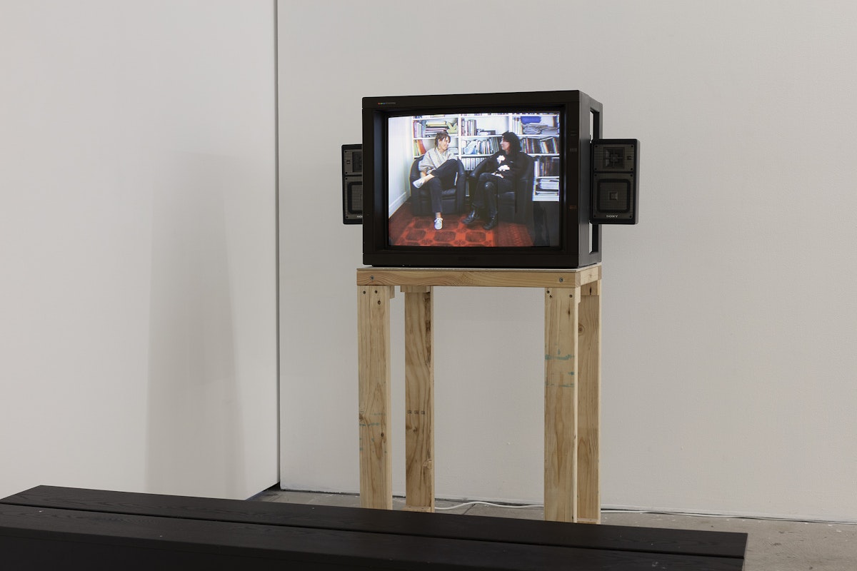 nat&ali, In Therapy, 2010, installation view, Of Stadiums and Construction Sites (Ne change rien pour que tout soit différent), Gertrude Contemporary, Naarm Melbourne, 2025, video, image courtesy and © the artists, photograph: Christian Capurro
