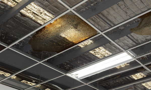 Foster Berean, Lower Expectations, 2025, installation view, Of Stadiums and Construction Sites (Ne change rien pour que tout soit différent), Gertrude Contemporary, Naarm Melbourne, 2025, ceiling panels, bourbon, coke, image courtesy and © the artists, photograph: Christian Capurro