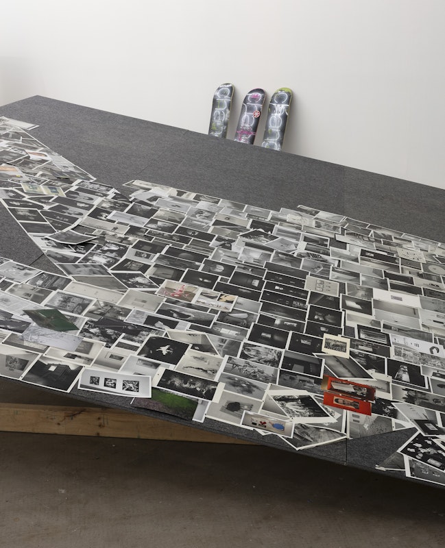 Mnemosyne chaos archive, 2025, found, collected and supplied images on acoustic panels, aluminium, timber; The Estate of Blair Trethowan, Hoddle Skateboards PTY LTD, Caeylen Norris, Jim Roche, Jordan Halsall and Matthew Ware, Change deck, 2005/2025, plywood, heat transfer, installation view, Of Stadiums and Construction Sites (Ne change rien pour que tout soit différent), Gertrude Contemporary, Naarm Melbourne, 2025, image courtesy and © the artists, photograph: Christian Capurro