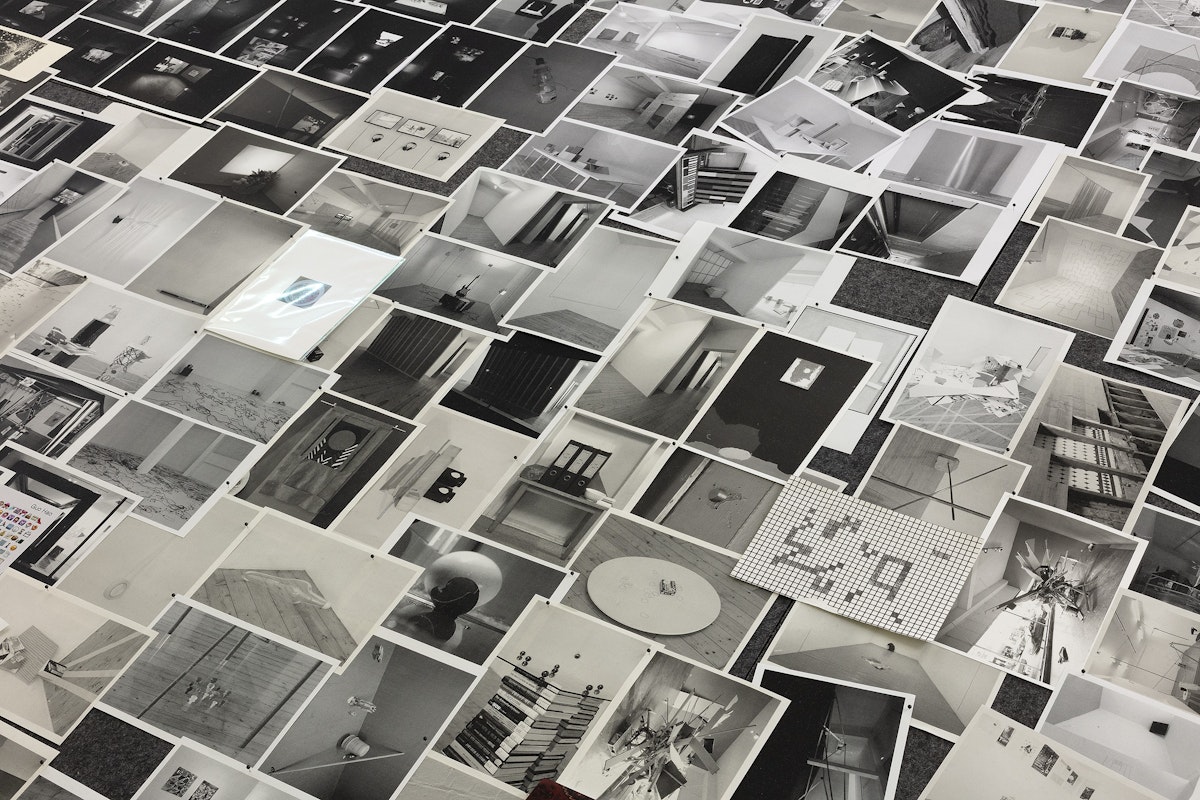 Mnemosyne chaos archive, 2025, installation view, Of Stadiums and Construction Sites (Ne change rien pour que tout soit différent), Gertrude Contemporary, Naarm Melbourne, 2025, found, collected and supplied images on acoustic panels, aluminium, timber, image courtesy and © the aritsts, photograph: Christian Capurro