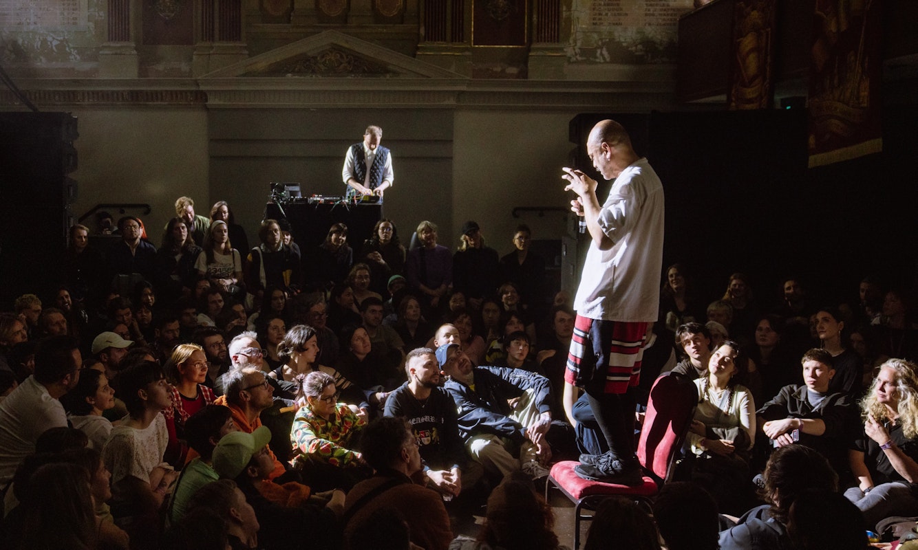 Brian Fuata, INTERMISSION (Cancer of the Bile Duct), 2024, featuring Matthew Spispah & Archie Barry, Supermodel, SOFT CENTRE, Naarm Melbourne. Photo: Will Hamilton-Coates, courtesy of SOFT CENTRE.