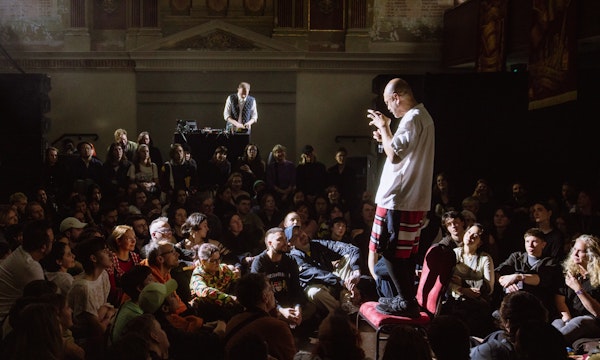 Brian Fuata, INTERMISSION (Cancer of the Bile Duct), 2024, featuring Matthew Spispah & Archie Barry, Supermodel, SOFT CENTRE, Naarm Melbourne. Photo: Will Hamilton-Coates, courtesy of SOFT CENTRE.