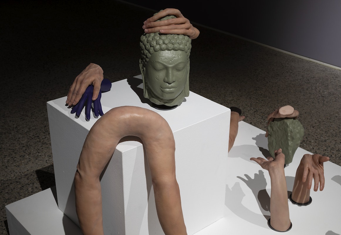 Nathan Beard, Cicerone (detail), 2025, installation view, Cicerone, Gertrude Glasshouse, Naarm Melbourne, 2025, painted silicone, steel, foam, 3D printed polylactic acid, 3D printed resin, alleged Ayutthaya period bronze, Gucci ‘Siam Glitter’ platform sandals, Siam Shimmer Swarovski Elements, Light Siam AB Swarovski Elements, Resene ‘Siam’, Little Greene ‘Thai Sapphire’, plastic orchid, acrylic nails, image courtesy the artist and FUTURES, Naarm Melbourne © the artist, photograph: Christian Capurro