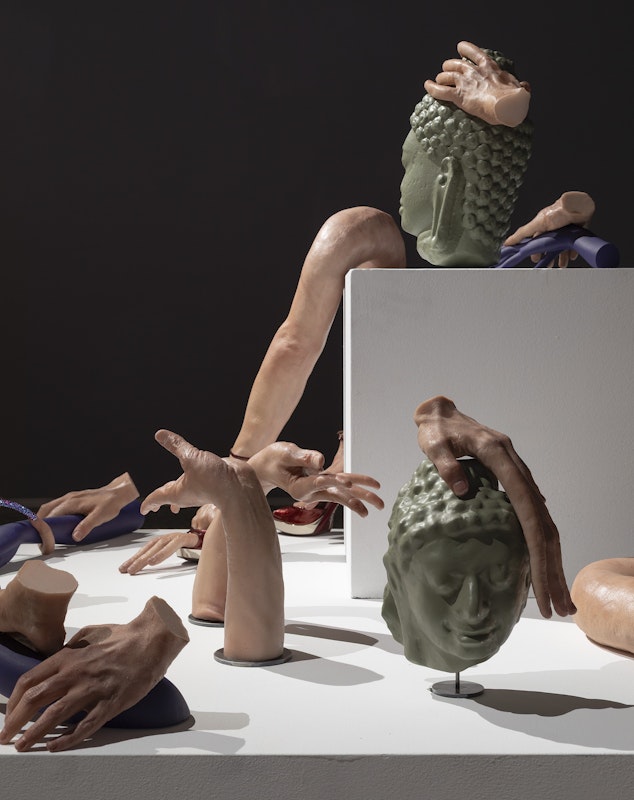 Nathan Beard, Cicerone (detail), 2025, installation view, Cicerone, Gertrude Glasshouse, Naarm Melbourne, 2025, painted silicone, steel, foam, 3D printed polylactic acid, 3D printed resin, alleged Ayutthaya period bronze, Gucci ‘Siam Glitter’ platform sandals, Siam Shimmer Swarovski Elements, Light Siam AB Swarovski Elements, Resene ‘Siam’, Little Greene ‘Thai Sapphire’, plastic orchid, acrylic nails, image courtesy the artist and FUTURES, Naarm Melbourne © the artist, photograph: Christian Capurro