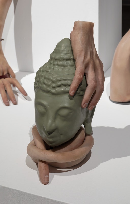 Nathan Beard, Cicerone (detail), 2025, installation view, Cicerone, Gertrude Glasshouse, Naarm Melbourne, 2025, painted silicone, steel, foam, 3D printed polylactic acid, 3D printed resin, alleged Ayutthaya period bronze, Gucci ‘Siam Glitter’ platform sandals, Siam Shimmer Swarovski Elements, Light Siam AB Swarovski Elements, Resene ‘Siam’, Little Greene ‘Thai Sapphire’, plastic orchid, acrylic nails, image courtesy the artist and FUTURES, Naarm Melbourne © the artist, photograph: Christian Capurro