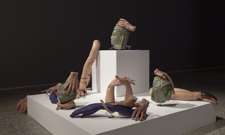 Nathan Beard, Cicerone (detail), 2025, installation view, Cicerone, Gertrude Glasshouse, Naarm Melbourne, 2025, painted silicone, steel, foam, 3D printed polylactic acid, 3D printed resin, alleged Ayutthaya period bronze, Gucci ‘Siam Glitter’ platform sandals, Siam Shimmer Swarovski Elements, Light Siam AB Swarovski Elements, Resene ‘Siam’, Little Greene ‘Thai Sapphire’, plastic orchid, acrylic nails, image courtesy the artist and FUTURES, Naarm Melbourne © the artist, photograph: Christian Capurro