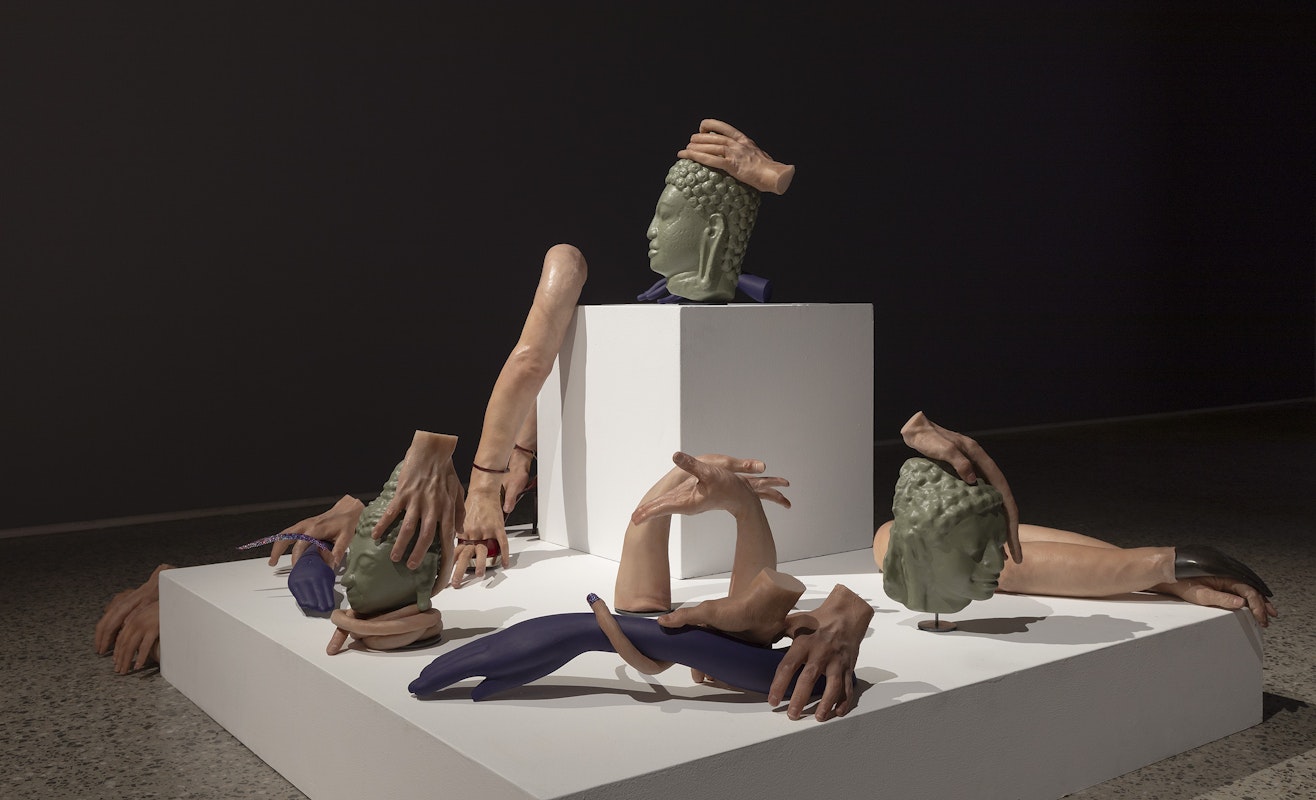 Nathan Beard, Cicerone (detail), 2025, installation view, Cicerone, Gertrude Glasshouse, Naarm Melbourne, 2025, painted silicone, steel, foam, 3D printed polylactic acid, 3D printed resin, alleged Ayutthaya period bronze, Gucci ‘Siam Glitter’ platform sandals, Siam Shimmer Swarovski Elements, Light Siam AB Swarovski Elements, Resene ‘Siam’, Little Greene ‘Thai Sapphire’, plastic orchid, acrylic nails, image courtesy the artist and FUTURES, Naarm Melbourne © the artist, photograph: Christian Capurro