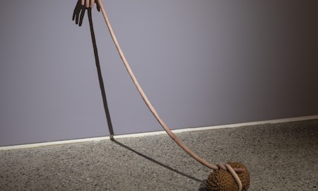 Nathan Beard, Cicerone (detail), 2025, installation view, Cicerone, Gertrude Glasshouse, Naarm Melbourne, 2025, painted silicone, steel, foam, 3D printed polylactic acid, 3D printed resin, alleged Ayutthaya period bronze, Gucci ‘Siam Glitter’ platform sandals, Siam Shimmer Swarovski Elements, Light Siam AB Swarovski Elements, Resene ‘Siam’, Little Greene ‘Thai Sapphire’, plastic orchid, acrylic nails, image courtesy the artist and FUTURES, Naarm Melbourne © the artist, photograph: Christian Capurro