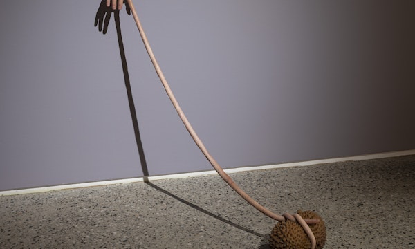 Nathan Beard, Cicerone (detail), 2025, installation view, Cicerone, Gertrude Glasshouse, Naarm Melbourne, 2025, painted silicone, steel, foam, 3D printed polylactic acid, 3D printed resin, alleged Ayutthaya period bronze, Gucci ‘Siam Glitter’ platform sandals, Siam Shimmer Swarovski Elements, Light Siam AB Swarovski Elements, Resene ‘Siam’, Little Greene ‘Thai Sapphire’, plastic orchid, acrylic nails, image courtesy the artist and FUTURES, Naarm Melbourne © the artist, photograph: Christian Capurro